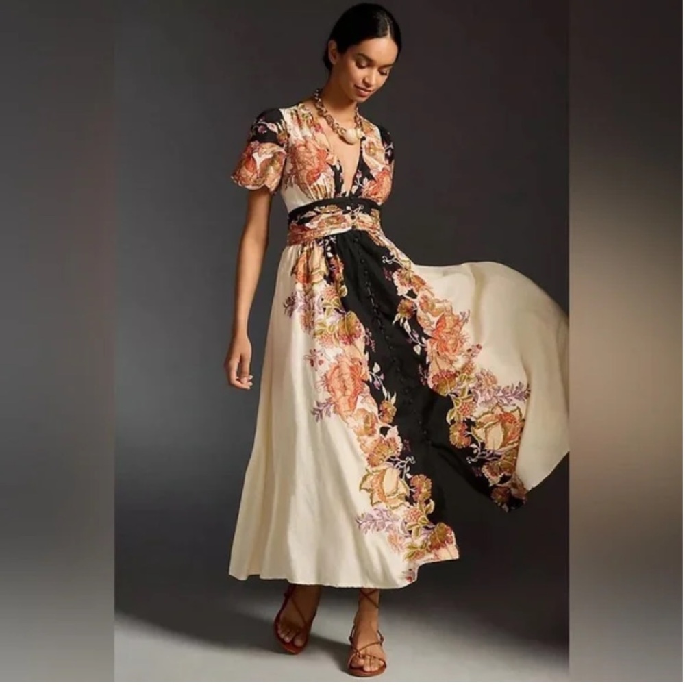 Anthropologie Catalina  Black and Cream Floral Maxi Dress
